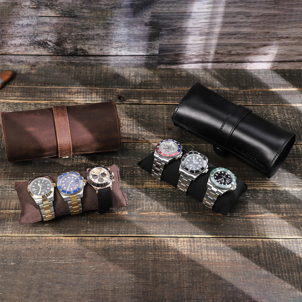Handmade Watch Roll - 3 Slots Watch Travel Leather Case With Buckle