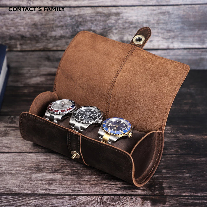 Handmade Watch Roll - 3 Slots Watch Travel Leather Case With Buckle