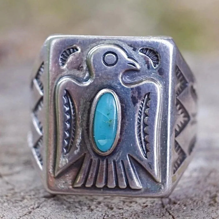The Azure Heritage - Retro Bird & Turquoise Square Ring