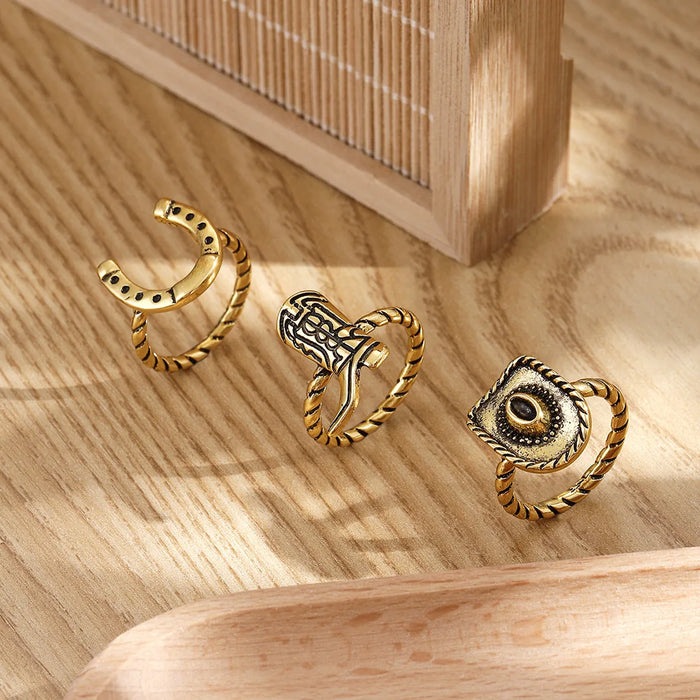 Boho-Chic Cowboy Hat & Horseshoe Plated Cocktail Rings 3-Piece Ring Set