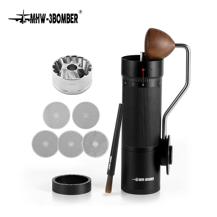 Black portable coffee grinder with wooden handle and accessories on a white background, featuring MHW-3BOMBER branding.